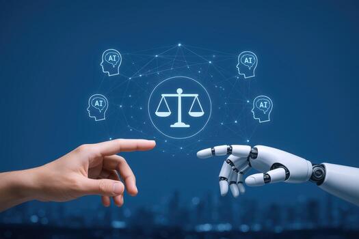 artificial inteligencia en ley humano y robot manos representando el intersección de ai y justicia foto