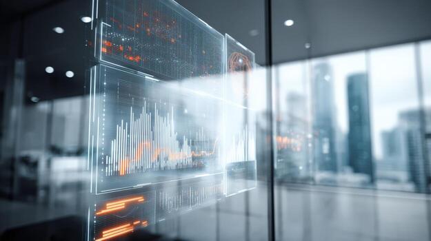 Modern Technology Interface Displaying Financial Charts and Data Visualizations in a Contemporary Office Setting photo