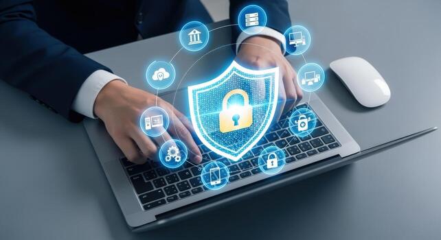 Data Protection Securing Digital Information with Cybersecurity Measures on Laptop for Privacy and Confidentiality Online photo