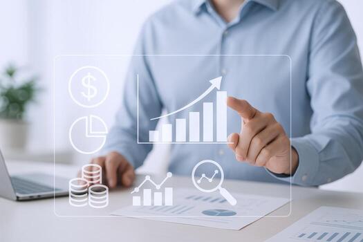 Business Growth Analysis with Man Touching Virtual Graph Displaying Financial Data and Charts for Strategy Development photo