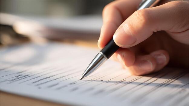 Person Signing Document with Pen, Close-Up of Hand Filling out Form, Paperwork, Business photo