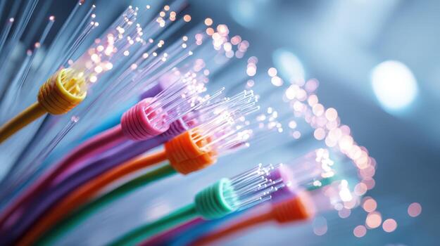 Fiber Optic Cables Transmitting Data Signals, Illustrating High-Speed Internet and Telecommunications Technology, Connectivity Concepts photo