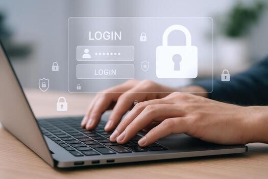 Secure Online Access Man Logging into Account with Padlock Symbol on Transparent Screen photo
