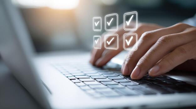Online Checklist Completion Hands on Laptop with Digital Checkmarks for Task Management and Productivity photo