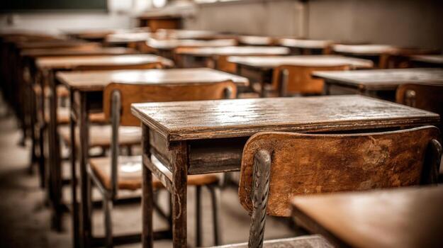 Classroom with Rows of Empty Wooden Desks and Chairs School Education Concept photo