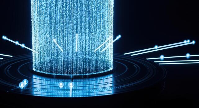 Futuristic Digital Data Core Visualization with Blue Glowing Particle Streams for Technology and Science Concepts photo