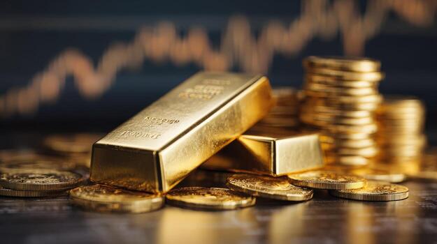 Gold Bullion Bars and Coins Stacked with Financial Chart Backdrop, Investment and Wealth Concept photo