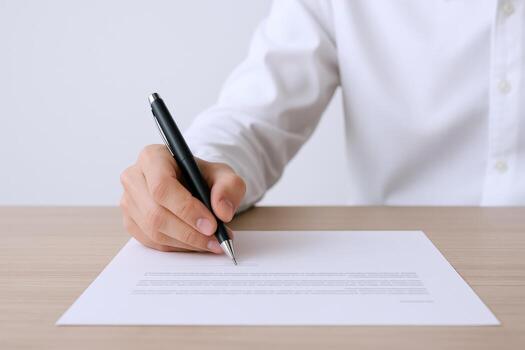Hand Holding Pen Writing on Paper, Close-up of Person Signing Document on Desk photo