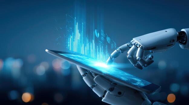 Robot Hand Interacting with a Digital Tablet Displaying Data Visualization Graphics, Representing Artificial Intelligence photo
