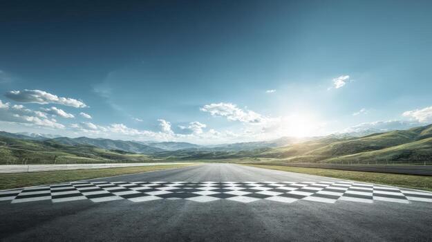 Open Asphalt Race Track with Checkered Start Line and Distant Hills on a Sunny Day photo