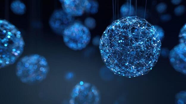 Abstract Blue Spheres with Connected Lines and Dots, Representing Technology and Global Network Connectivity photo