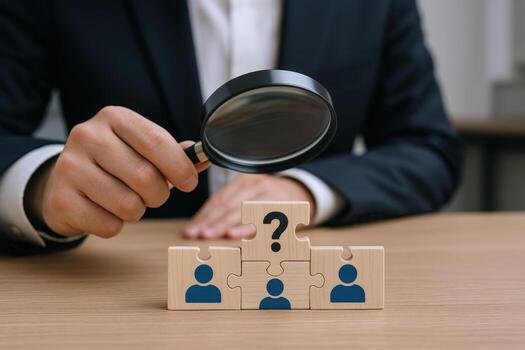 Human Resources Concept Man Inspecting Puzzle Pieces with Question Mark and People Icons photo