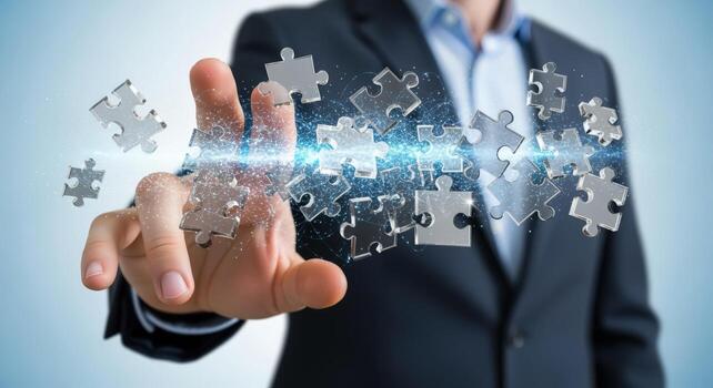 Businessman Integrating Digital Puzzle Pieces Connecting Solutions, Innovation, and Problem Solving in a Business Strategy photo