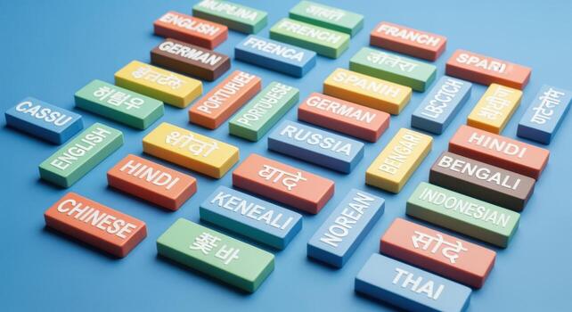 Multilingual Communication Colorful Blocks Displaying Various Languages Representing Global Translation and International Understanding, Essential for Diverse Audiences photo