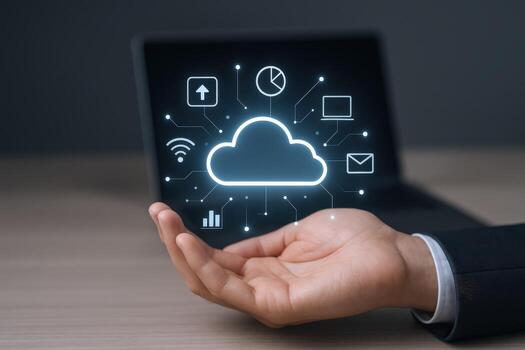 Cloud Computing Technology Display A Hand Holding a Digital Cloud with Connected Services photo