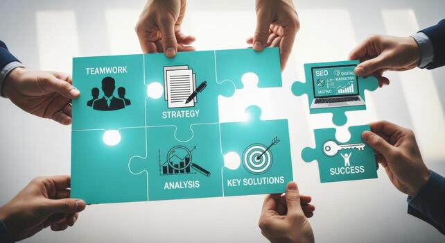Collaborative Business Strategy Hands Assembling Puzzle Pieces Depicting Teamwork, Analysis, Solutions, and Success in Modern Business photo