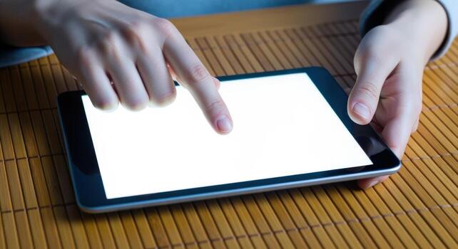 Close-up of hands interacting with a blank tablet screen showcasing modern digital lifestyle and technology photo