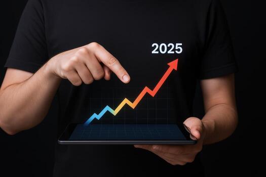 Projected Growth to 2025 Man Holding Tablet with Upward Trend Line Display Against Black Background photo