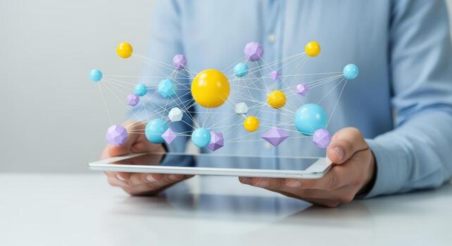 Man Holding Tablet Displaying 3D Spheres and Connected Lines, Representing Network, Data, and Advanced Technology photo