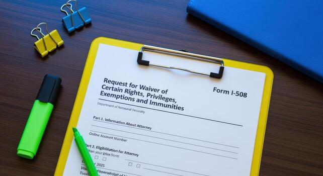 Form I-508 Request for Waiver, Rights, Privileges, Exemptions, and Immunities on Clipboard, with Pen, Clips, and a Notebook photo