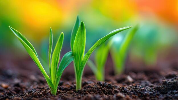 Emerging Green Shoots in Soil Symbolizing New Beginnings and Growth, Vibrant Natural Environment with Bright Background photo