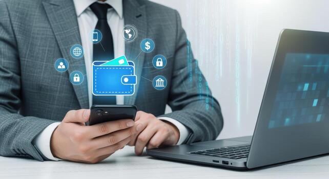 Digital Wallet Concept Businessman Using Mobile Phone for Online Payment and Secure Financial Transactions photo