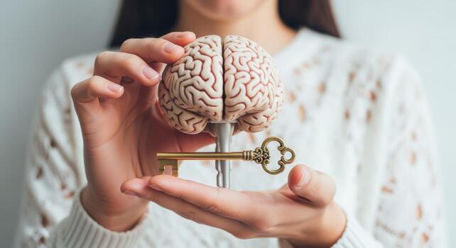 Unlocking Potential Woman Holding Brain Model with Key, Symbolizing Cognitive Function and Mental Health photo