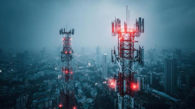Telecommunication Towers Transmitting Signals in Urban Cityscape at Night, Representing Connectivity and Technological Advancement photo