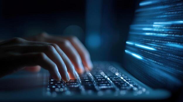 Close-up of hands typing on laptop keyboard with futuristic digital code overlay in dark environment photo