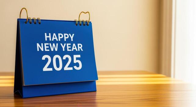 Happy New Year 2025 Desktop Calendar Displayed on a Wooden Table, Symbolizing Future Planning and Anticipation photo