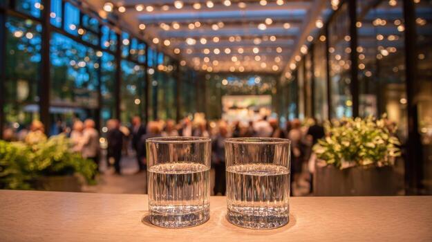 Elegant Evening Event Two Glasses of Water on Countertop in Atmospheric Setting with Bokeh Lighting photo