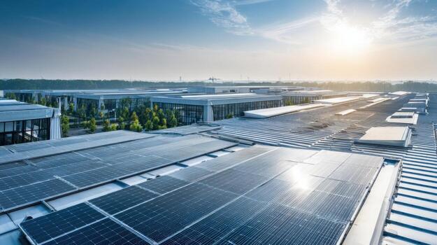 Solar Panels on Building Rooftop Generating Clean Energy with Sustainable Technology Under a Blue Sky photo