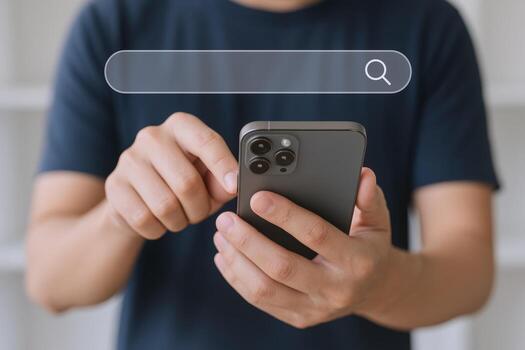 Person Using a Smartphone with a Search Bar Overlay for Mobile Information and Online Access photo