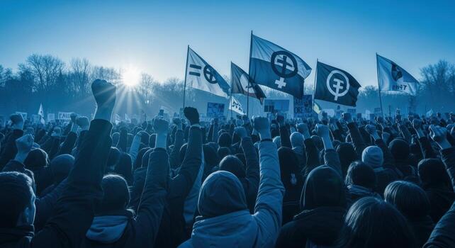 Crowd of People Protesting with Raised Fists and Flags at an Outdoor Demonstration for Rights photo