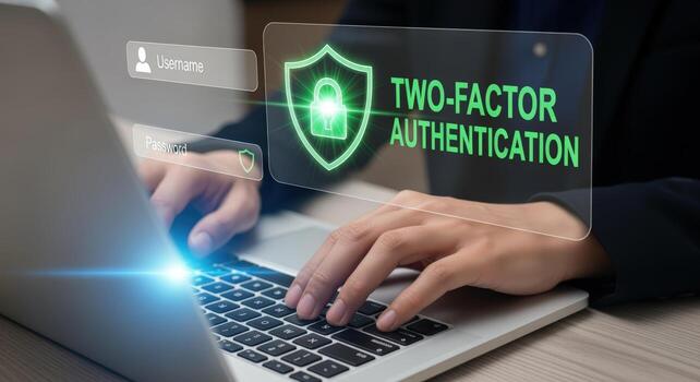 Two-Factor Authentication Security Concept Person Typing on Laptop with Digital Shield and Login Interface Overlay photo