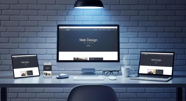 Workspace showcasing digital devices for web design, user interface, and responsive website development on a modern desk photo