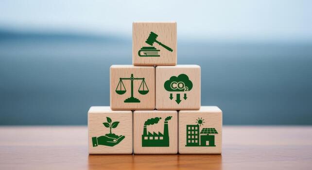 ESG concept with wooden blocks depicting environmental social and governance criteria for sustainable and ethical business practices photo