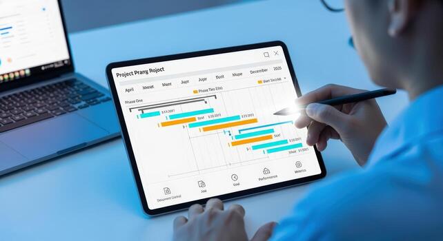 Project Management Professional Using Tablet for Task Scheduling and Timeline Visualization at the Office photo