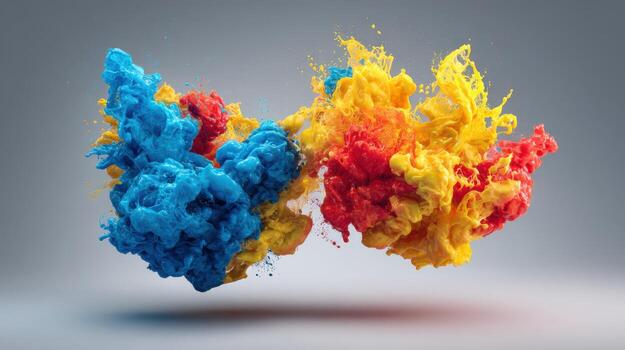 Vibrant Abstract Explosion of Blue, Red, and Yellow Paint in Dynamic Motion on Gray Background photo