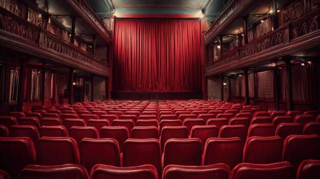 Grand Theater Interior with Red Velvet Curtains and Empty Seating, Ready for a Performance photo