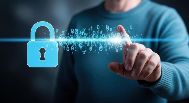 Digital Security Concept Man Touching Virtual Padlock with Binary Code Stream Displaying Cybersecurity Protection photo