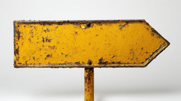 Distressed Yellow Arrow Sign on Post Directional Guidance, Weathered Texture and Rustic Appeal on White photo