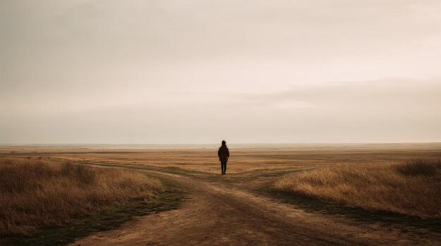 Person Walking at a Crossroads on a Path in an Open Autumnal Landscape Under Cloudy Sky photo