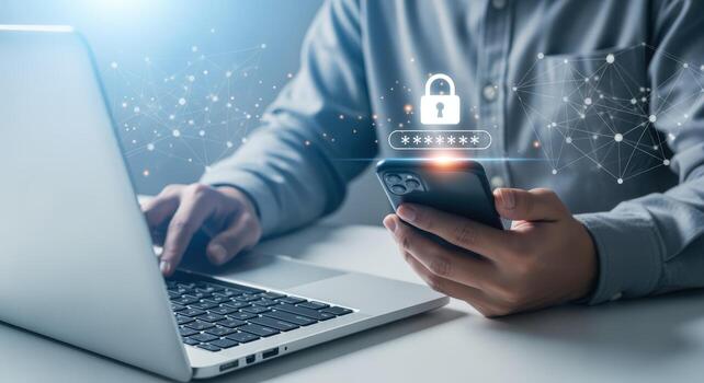 seguro en línea acceso hombre utilizando ordenador portátil y teléfono inteligente con contraseña proteccion cubrir foto