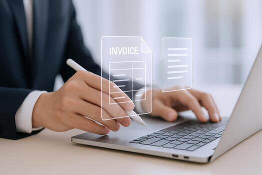 Man Completing Digital Invoice Form on Laptop for Finance, Accounting and Business Workflow Automation photo