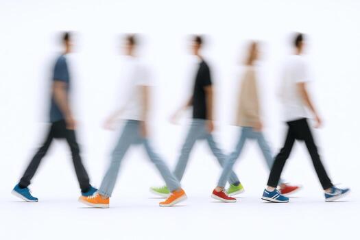 Diverse Group of People Walking in Motion Blur Against a White Background, Represents Movement and Community photo