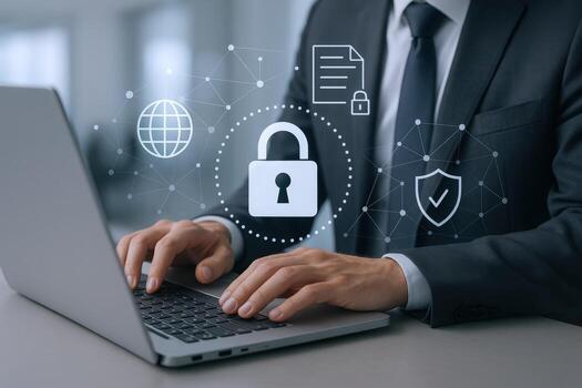 Cybersecurity Professional Securing Data on Laptop with Encryption, Representing Data Protection and Network Security Solutions photo