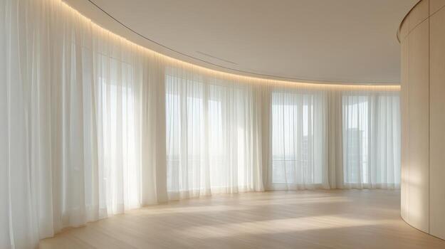 Bright Modern Circular Room with Sheer Curtains and Hardwood Floors Creating a Serene Space photo