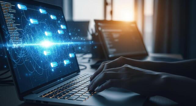 Coding on Laptop Displaying Data Network Connection Interface for Software Development and Cybersecurity Concepts photo