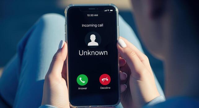 Receiving an Unknown Call on a Smartphone, Featuring an Anonymous Number and an Alert Message photo